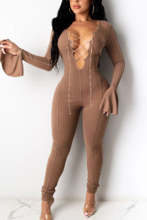 Coffee Sexy Solid Bandage Patchwork O Neck Jumpsuits
