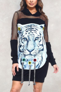 Black Sexy Print Patchwork Hooded Collar A Line Dresses