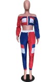 Red Elastic Fly Long Sleeve Mid Print Patchwork pencil Pants