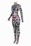 Camouflage Casual Work Street Camouflage Print Patchwork V Neck Long Sleeve Two Pieces