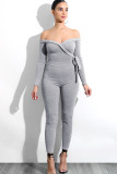 Light Gray Sexy Solid bandage Patchwork Long Sleeve V Neck Jumpsuits