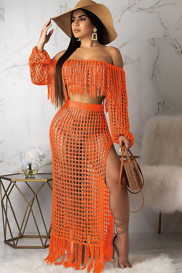 Orange Sexy Fashion tassel HOLLOWED OUT perspective Patchwork A-line skirt Long Sleeve
