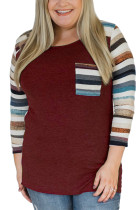 Wine Red O Neck Long Sleeve Patchwork Long Sleeve Tops