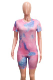 Multicolor Fashion Casual Print Basic O Neck Short Sleeve Two Pieces