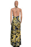 Gold Sexy England Sleeveless Halter Neck Swagger Floor-Length Print bandage hollow out Dresses