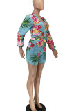 Cyanine Casual Print Bandage Patchwork V Neck Long Sleeve Two Pieces