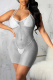 Grey Sexy Solid See-through Mesh Halter Pencil Skirt Dresses