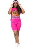 Fluorescent green Fashion Casual adult Letter Patchwork Print Two Piece Suits Straight Short Sleeve Two Pieces
