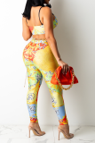Orange Sexy Print Patchwork Spaghetti Strap Sleeveless Two Pieces