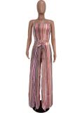 Pink Fashion Sexy Two Piece Suits Split Striped crop top Bandage Geometric Loose Two-piece Pan