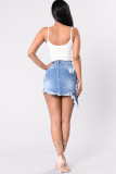 Blue Denim Zipper Fly Button Fly High Hole washing Asymmetrical Pocket Zippered A-line skirt Skirts
