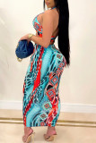 Blue Red Sexy Print Bandage Patchwork Frenulum Fold Halter Sleeveless Two Pieces