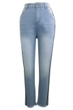 Blue Denim Zipper Fly Sleeveless Mid Solid Patchwork pencil Pants Pants