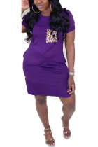 purple Fashion adult Street Pink Yellow Light Blue purple Cap Sleeve Short Sleeves O neck Pencil Dress Knee-Length Print Patchwork Leopard Pocket Dresses