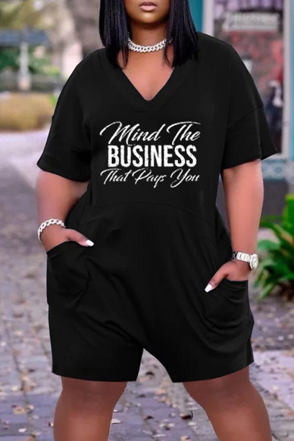 Black Fashion Casual Letter Print Basic V Neck Regular Romper