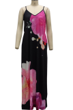 Rose Red Sexy Print Patchwork Spaghetti Strap Straight Dresses