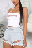 Baby Blue Sexy Casual Solid Ripped Buttons Mid Waist Straight Denim