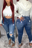 Dark Blue Fashion Casual Solid Ripped Mid Waist Skinny Jeans