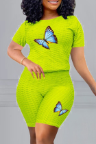 Fluorescent Green Casual Print Patchwork O Neck Short Sleeve Two Pieces