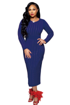 Blue Sexy Long Sleeves O neck Slim Dress Ankle-Length diamonds 