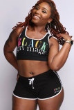 Black Sexy Fashion Patchwork Letter Print Straight Sleeveless Two-Piece Short Set