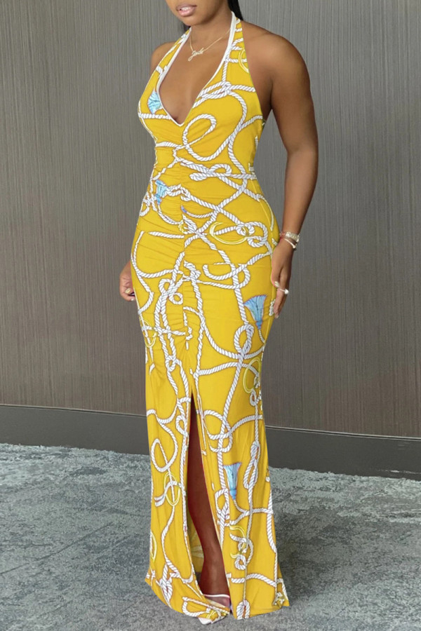 Yellow Fashion Sexy Print Backless Slit Halter Sleeveless Dress