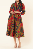 Red Casual Print Patchwork Turndown Collar Printed Dress Dresses