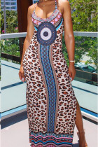 Brown Fashion Sexy Spaghetti Strap Sleeveless Slip Step Skirt Floor-Length Leopard macrame split