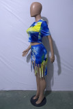 Blue Fashion Print Tie Dye Tassel O Neck Short Sleeve Two Pieces
