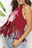 Burgundy Sexy Print Tassel Halter Tops