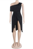 Black Fashion Sexy Solid Backless Asymmetrical Oblique Collar Sleeveless Dress