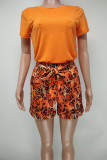 Green Casual Print Patchwork O Neck Short Sleeve Two Pieces