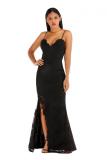 Black Fashion adult Sexy Spaghetti Strap Sleeveless V Neck Slim Dress Ankle-Length Patchwork spl