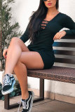 Black Sexy Fashion Cap Sleeve Long Sleeves V Neck Step Skirt skirt Club Dresses