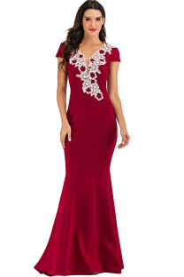 Red Sexy Cap Sleeve Short Sleeves V Neck Step Skirt Floor-Length Solid Print