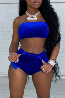Blue Sexy Living Solid Backless Strapless Sleeveless Two Pieces