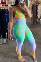 Green Fashion Casual Tie-dyed Milk. Sleeveless Slip Jumpsuits
