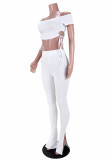 Black Fashion Solid Hollowed Out Slit Strap Design Off the Shoulder Short Sleeve Two Pieces