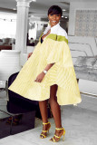 Black and white Fashion Casual Bubble sleeves Half Sleeves Mandarin Collar Asymmetrical Knee-Length fastener Patchwo