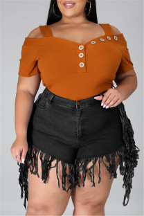 Black Fashion Casual Solid Tassel Plus Size Jeans