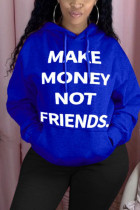 Blue hooded Long Sleeve Print Tops