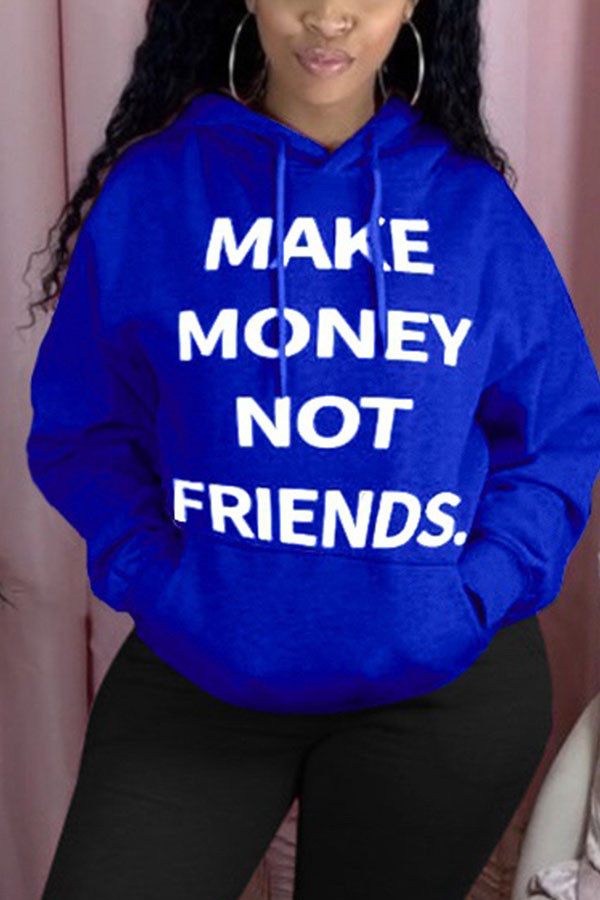 Blue hooded Long Sleeve Print Tops