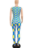 Yellow And Blue Sexy Print Patchwork V Neck Skinny Jumpsuits