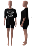 White Casual Print Patchwork O Neck Short Sleeve Two Pieces