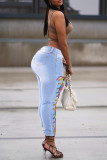 Medium Blue Fashion Casual Solid Strap Design High Waist Regular Jeans
