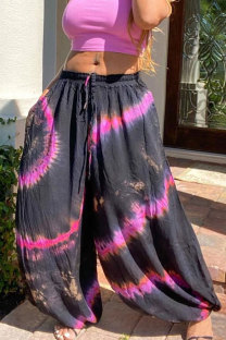 Pink rose red colour Drawstring Mid Patchwork Print Loose Pants Bottoms