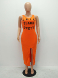 Black Casual Print Slit Letter Spaghetti Strap Pencil Skirt Dresses