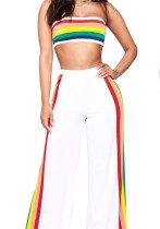 White Striped Mid Waist Elastic Waist Two-piece suit