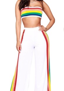 White Striped Mid Waist Elastic Waist Two-piece suit