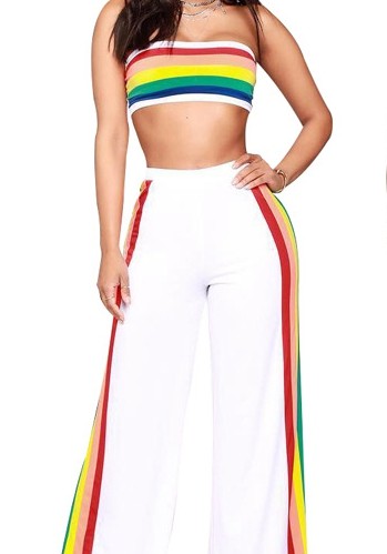 White Striped Mid Waist Elastic Waist Two-piece suit